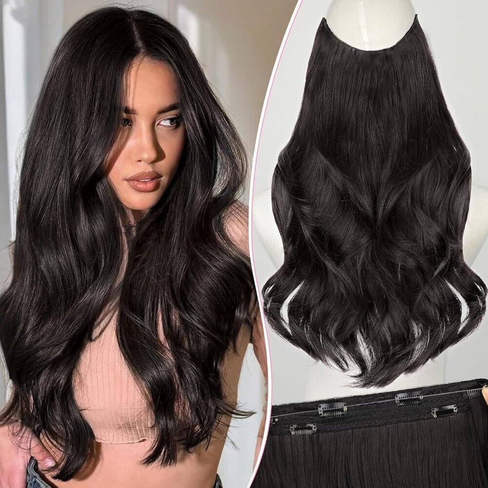 Invisible Wire Hair Extensions Long Wavy Dark Brown 20 Inch Easy Fit